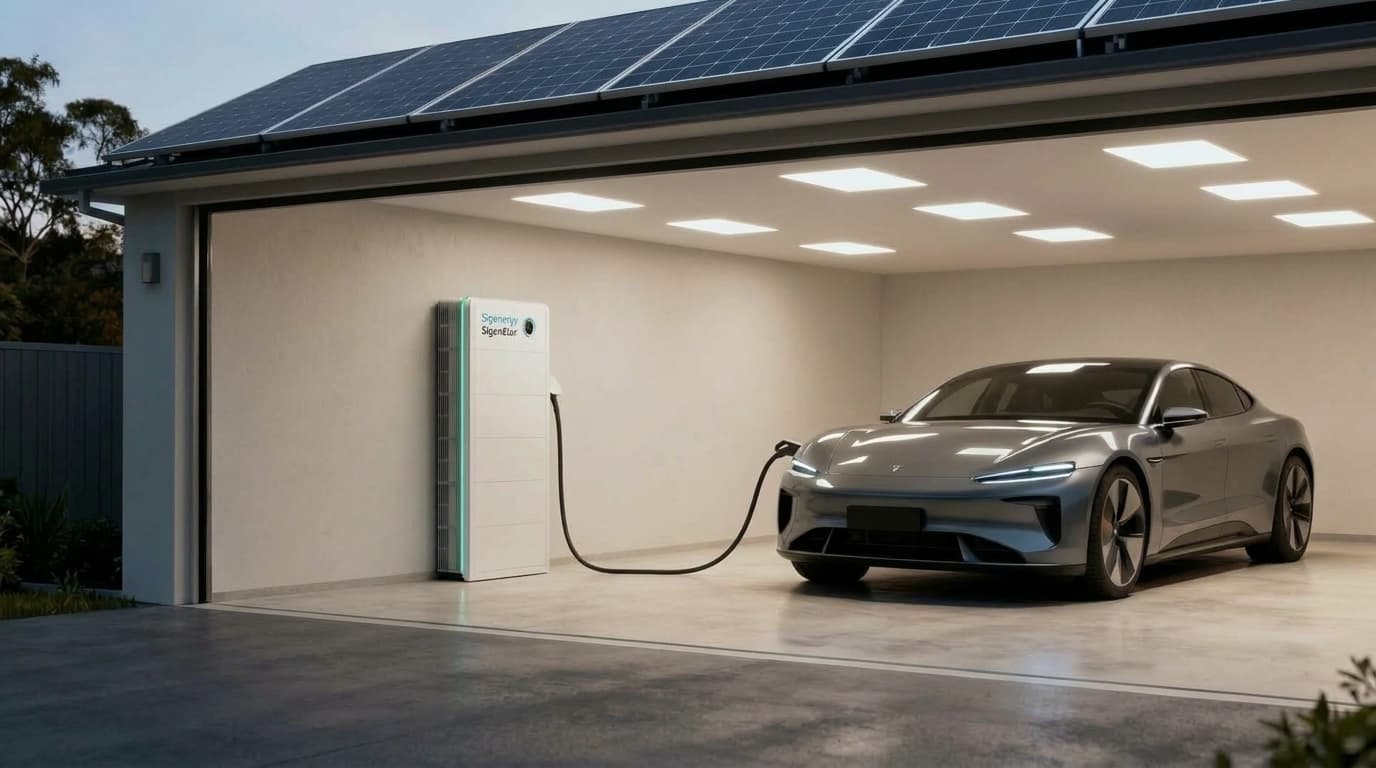 Sigenergy SigenStor 5-in-1 Battery with direct DC EV Fast Charger powering an electric car in a Victorian garage with rooftop solar
